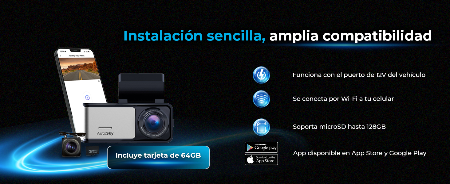CAMARA DASH CAM AUTOSKY 4K WIFI GPS DELANTERA Y TRASERA