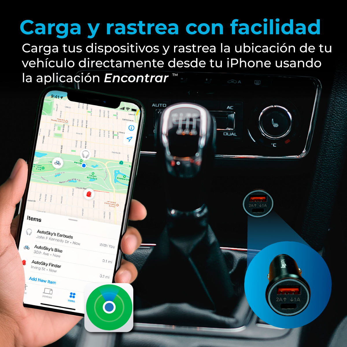 CARGADOR AUTO CON GPS TRACKER INTEGRADO APPLE FIND MY