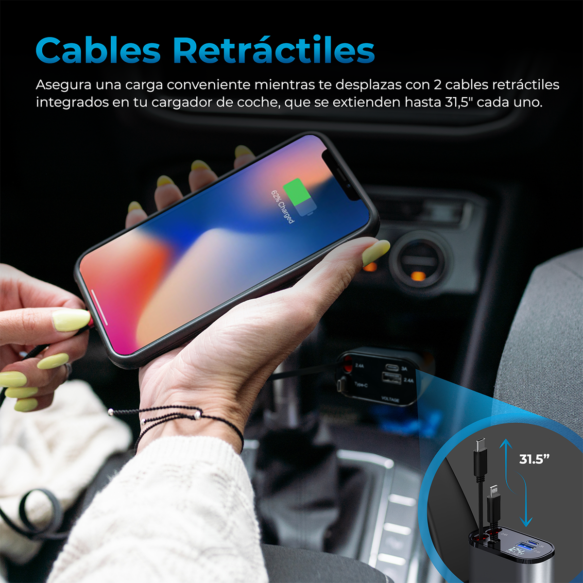 CARGADOR AUTO RETRACTIL 4 EN 1 USB-C LIGHTNING CARGA RAPIDA