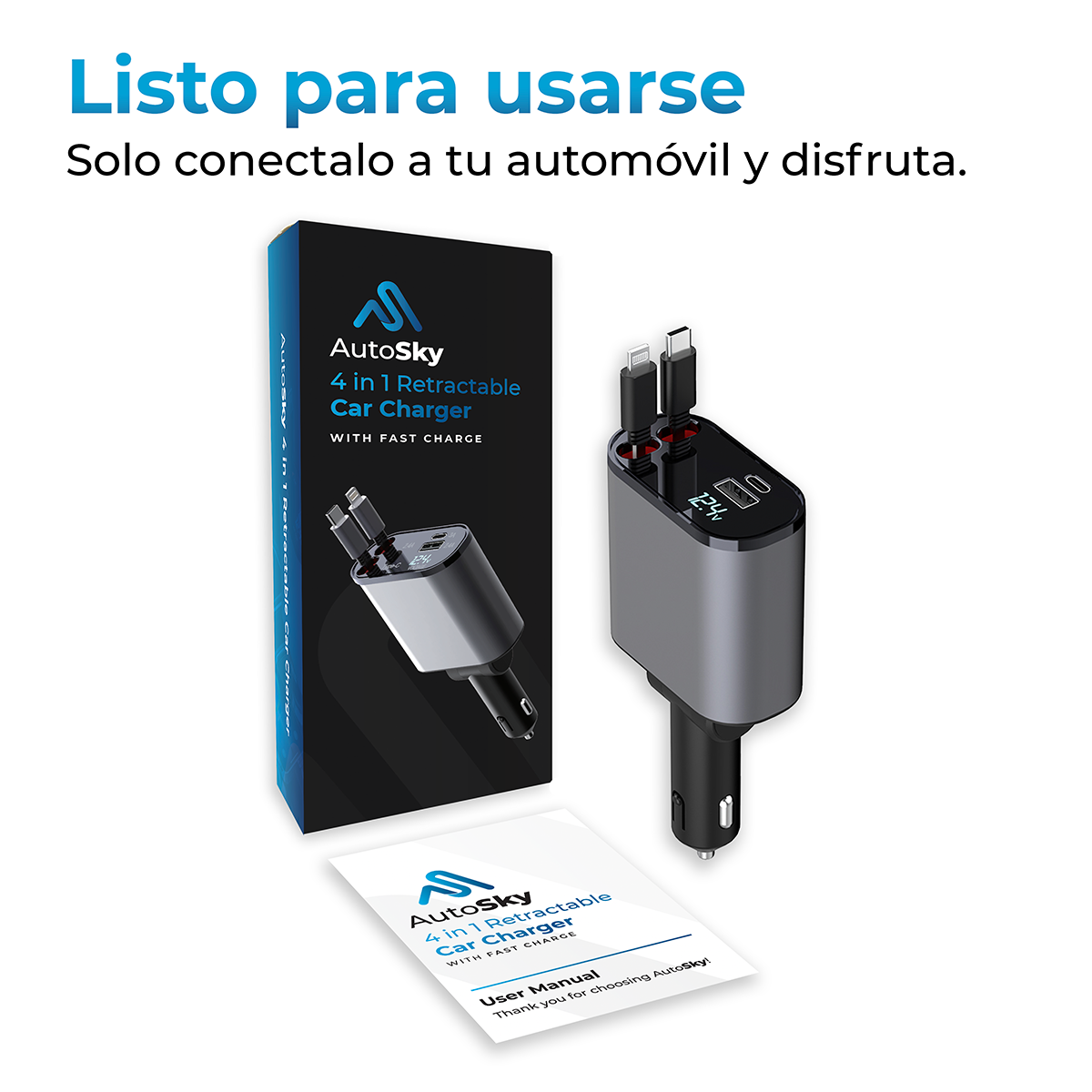 CARGADOR AUTO RETRACTIL 4 EN 1 USB-C LIGHTNING CARGA RAPIDA
