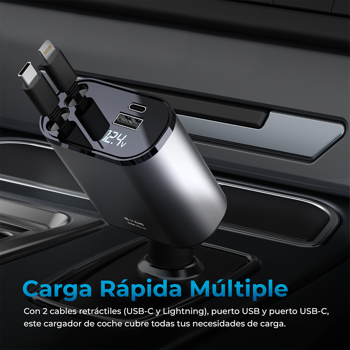 CARGADOR AUTO RETRACTIL 4 EN 1 USB-C LIGHTNING CARGA RAPIDA