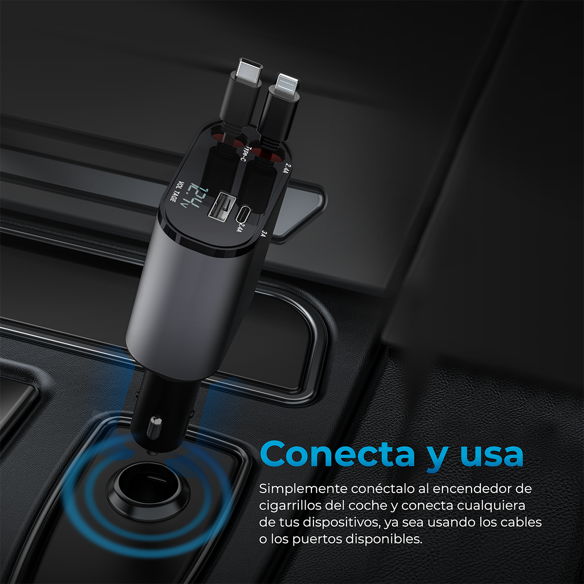 CARGADOR AUTO RETRACTIL 4 EN 1 USB-C LIGHTNING CARGA RAPIDA