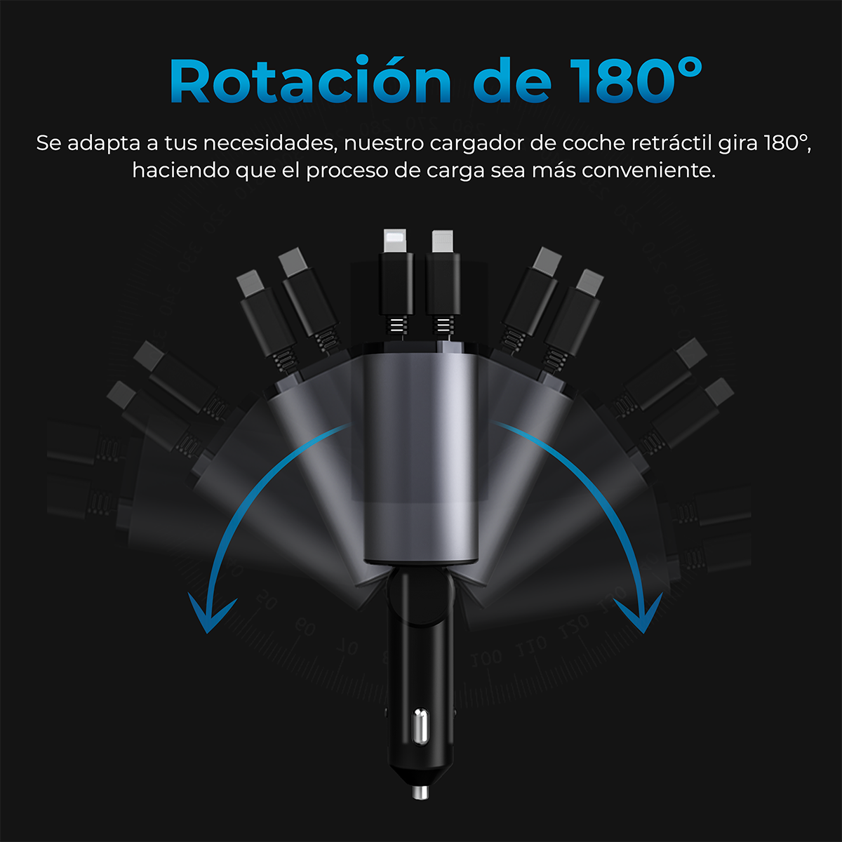 CARGADOR AUTO RETRACTIL 4 EN 1 USB-C LIGHTNING CARGA RAPIDA