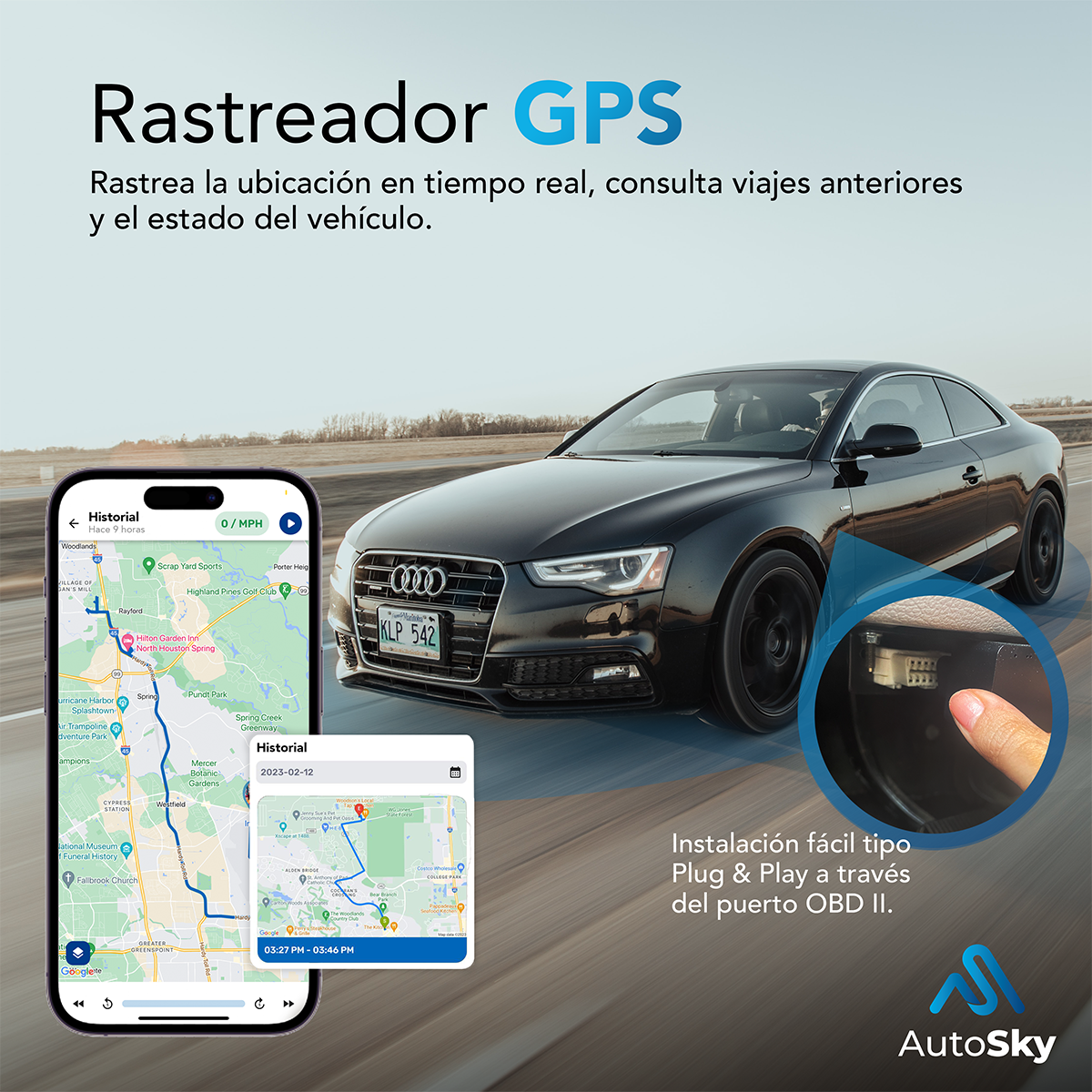 LOCALIZADOR GPS AUTOSKY CONEXION OBD II INSTALACION RAPIDA